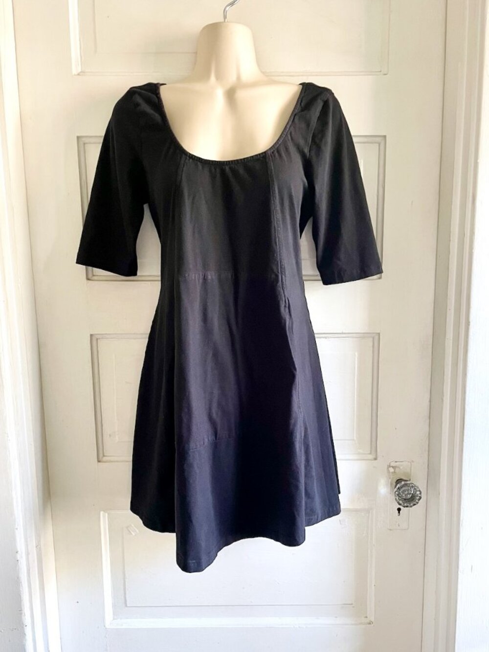 eShakti Black Stretch Cotton Empire Babydoll Tunic Mini Dress Pocket M